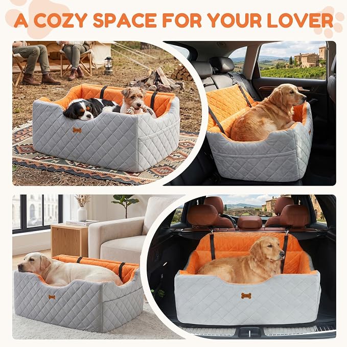 Dog Car Seat for Large Medium Dogs up to 55 lbs, Memory Foam Dog Booster Seat with Storage Pocket, 2 Safety Leashes,Washable Cover, Portable Anxiety Pet Travel Bed, Gray - Image 3