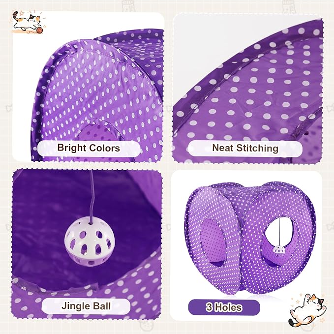 Andiker Cat Tent, 3 Holes Safe and Strong Cute Cats Tunnel Collapsible Easy to Carry Cat House for Indoor Cats Kittens Hiding Playing Training Sleeping (Square Purple) - Image 3