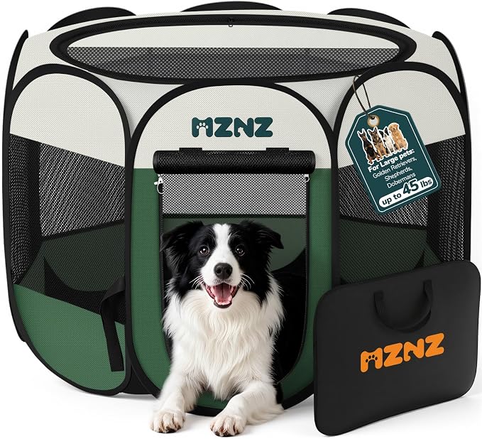 Dog Cat Small Animal Puppy Playpen Crate, Large, Dark Green | Portable Pop Up Pet Cage Enclosure Tent Kennel Indoor Outdoor with Carrying Case, No Assembly, Camping Use by MZNZ