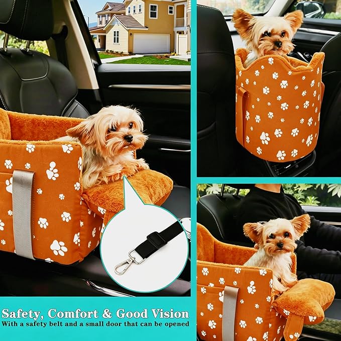 Center Console Dog Car Seat Safe Travel for Small Dogs Under 15 lbs Detachable Washable Pet Carrier with Storage Pockets & Safety Leash (Orange) - Image 4
