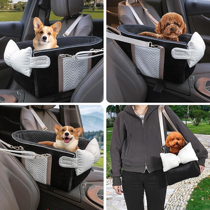 Dog Car Seat for Small Dogs Adjustable Portable Center Console Dog Car Seat Removable Cat Booster Cars Seats - Safety Belt with Cushion Anti-Collapse for Puppy Kitten Up to 15 Lbs (Black) - Image 2