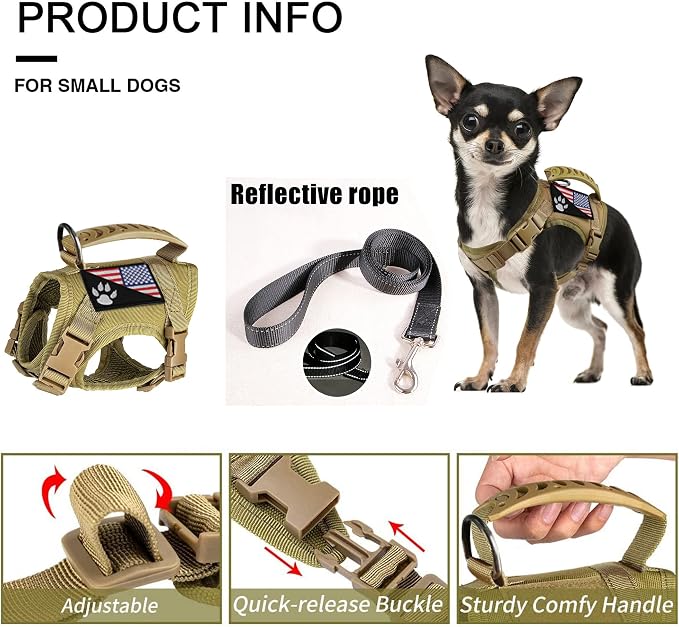Tactical Dog Harness with Leash Tactical Puppy Vest with Rubber Handle K9 Military Adjustable Pet Harness for Outdoor Training XS Dog Harness (Brown Harness with Leash) - Image 6