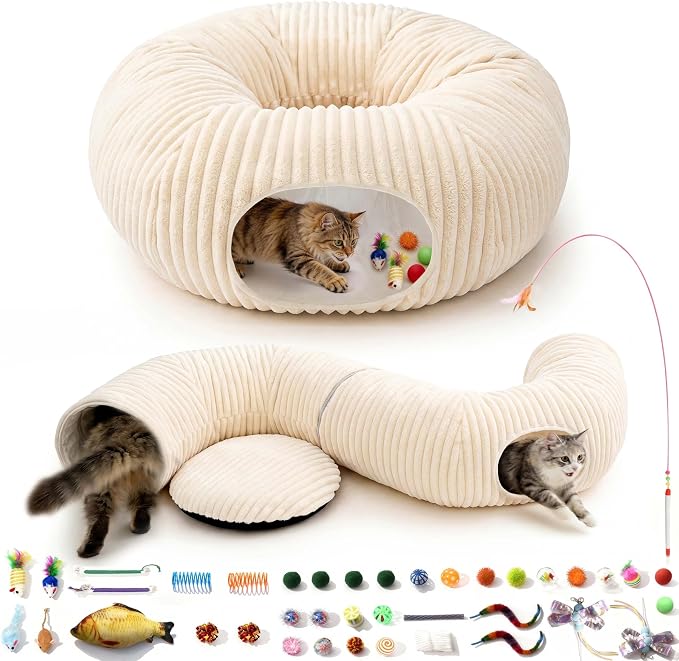 Cat Tunnel Bed with 40 Pcs Interactive Cat Toys, Cat Tube with Kitten Toys for Indoor Kittens, Collapsible Play Tunnel, White by MOYMO