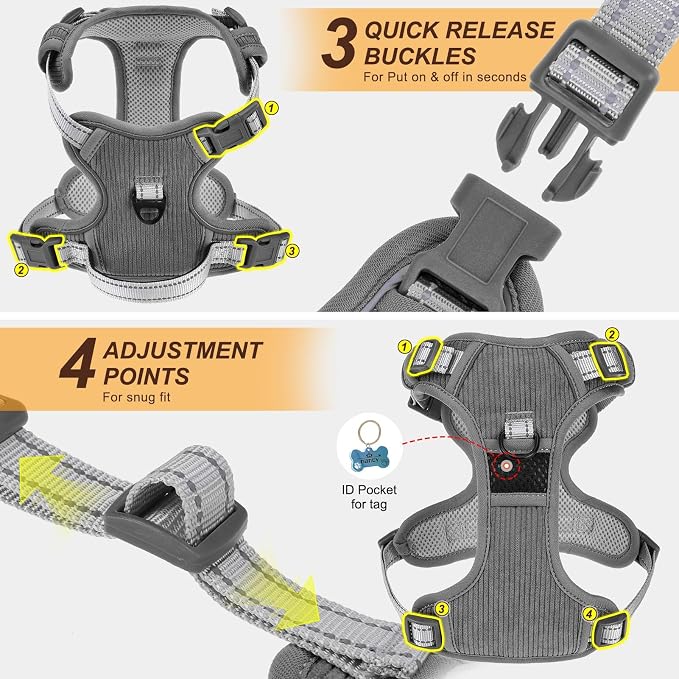 BEAUTYZOO No Pull Dog Harness and Leash Set, Step in Puppy Pet Vest, Large | Reflective with Handle, Adjustable Soft Padded, Easy Control for Walking, No Choke Escape Proof, Lightweight, Grey - Image 3