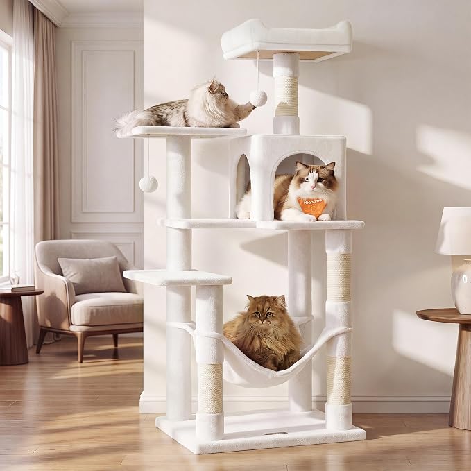 Feandrea Cat Tree, 54.2-Inch Cat Tower, Plush Multi-Level Condo with 4 Scratching Posts, 2 Perches, Hammock, Cave, Cream White UPCT161T01 - Image 2