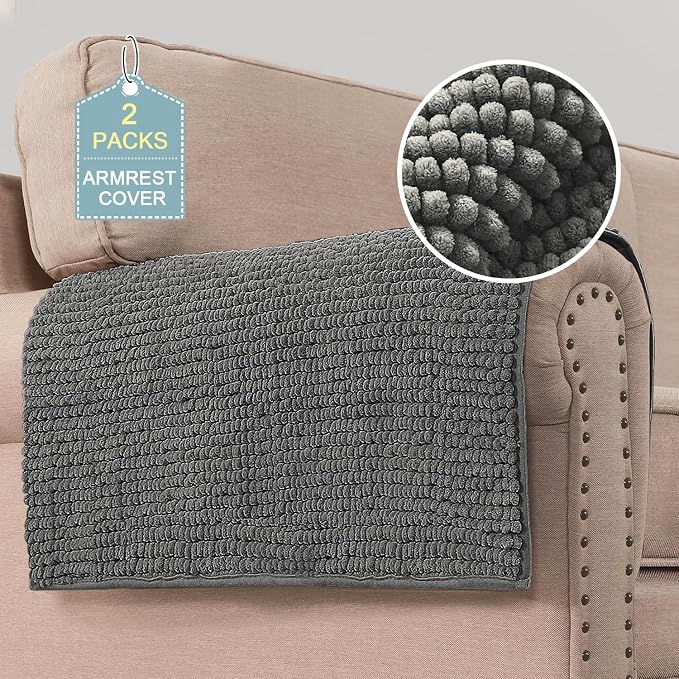 H.VERSAILTEX Plush Chenille Couch Armrest Cover 2 Packs Thick and Soft Sofa Covers Furniture Protector Cover for Pets (27.5" x 27.5", Grey) by HVERSAILTEX