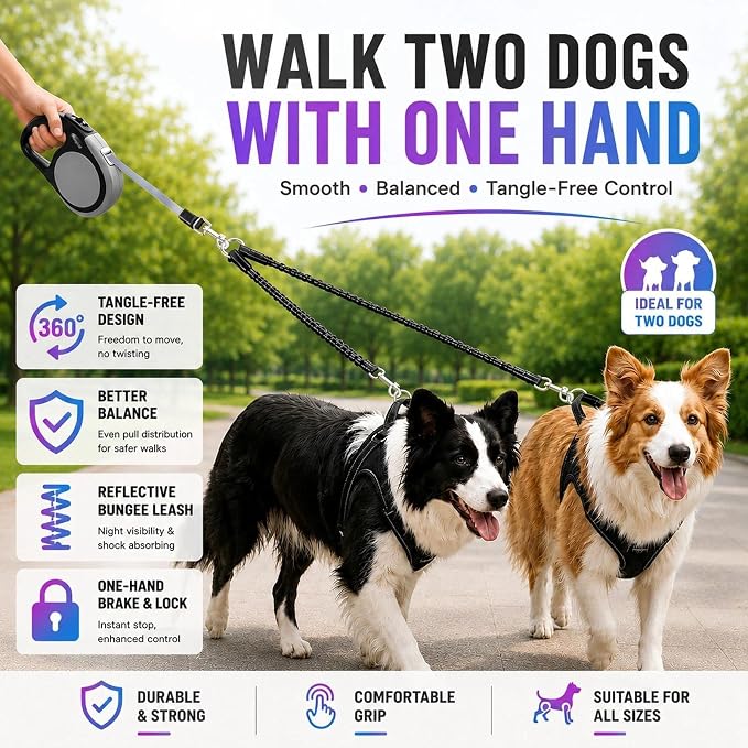 Double Retractable Dog Leash for Two Dogs Up to 115 lbs - 18.6 ft Coupler Leashes for Small Medium Dogs - One Locked System, Non Slip Grip, Tangle Free (Grey) - Image 3