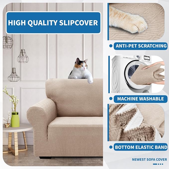 XINEAGE Stretch Jacquard Sofa Cover, Non Slip Sofa Slipcover for Dog | High-Stretch Fabric. Wear-Resistant, Pet Friendly. Easy Install & Washable for Living Rooms, Offices.Khaki - Image 6