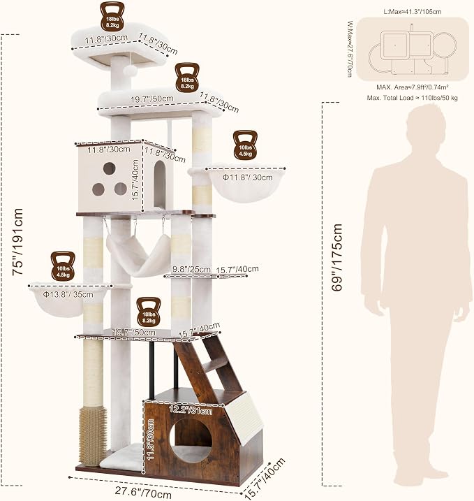 Heybly Wooden Cat Tree, 75" Cat Tower with Large Loft-Style Condo HCT123SR | Grooming Brush Cat Furniture with Side Scratch Area, Climb Stairs, Hammock, 2 Baskets, Dual Perches, Easy Clean, Rustic Brown - Image 5