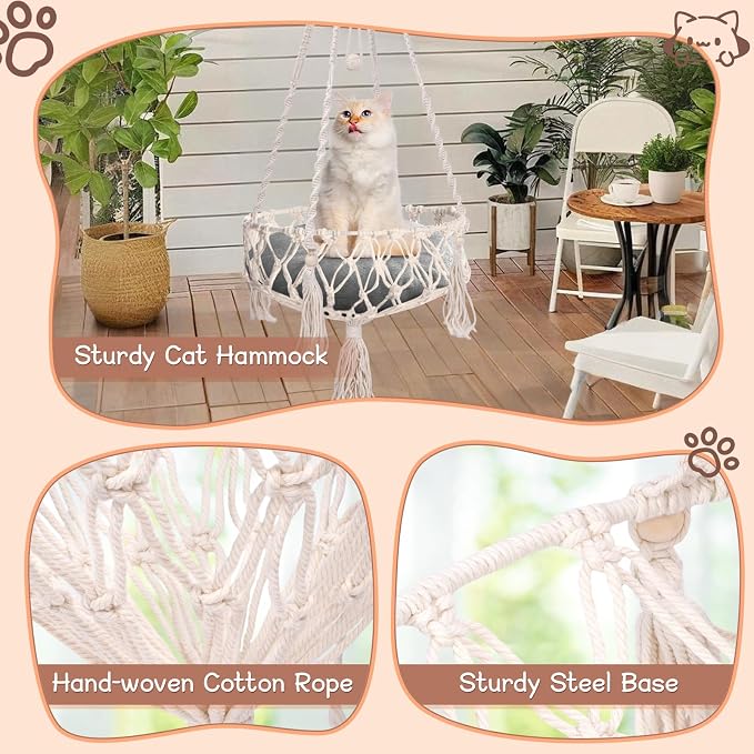 VINGVO Macrame Cat Hammock Bed, 58.27" Handwoven Pet Hanging Swing Bed with Hook for Wall, Foldable Kitten Window Perch for Indoor Outdoor Sports Playing Sleeping Climbing Lounging - Image 4