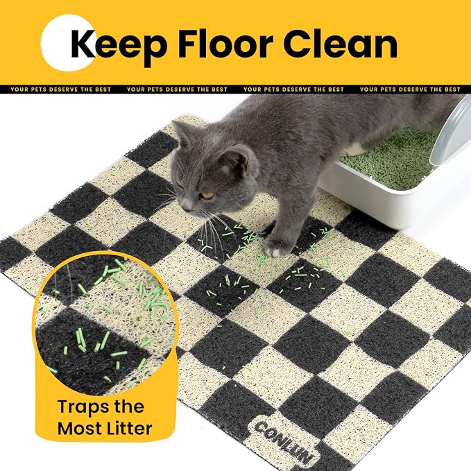 Conlun Cat Litter Mat Litter Trapping Mat, Premium Durable PVC Cute Cat Litter Box Mat, Non-Slip, Less Waste Kitty Litter Mat, Soft on Kitty’s Paws, 24”x 17” cat matts for litter, Chessboard - Image 2