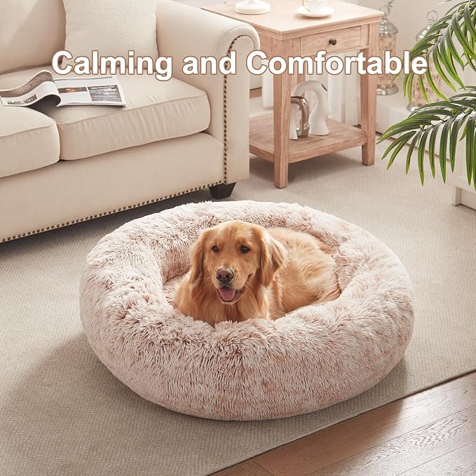 36 inches Faux Fur Fluffy Donut Dog Bed for Large Dogs,Brown | Calming Plush Round Pet Bed with Removable & Washable Cover,Fits up to 80 lbs Pets - Image 2