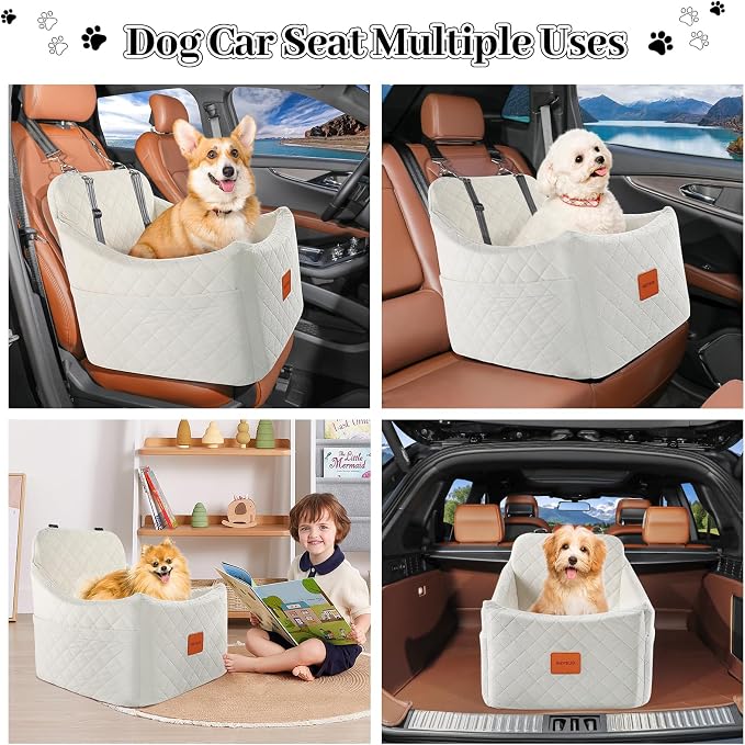 Dog Car Seat for Dogs up to 35lbs, Small Medium Dog Booster Seat with Adjustable Straps and Anti Slip Bottom,Fully Detachable Washable Pet Car Seat with 2 Storage Pockets (Beige, Medium) - Image 6