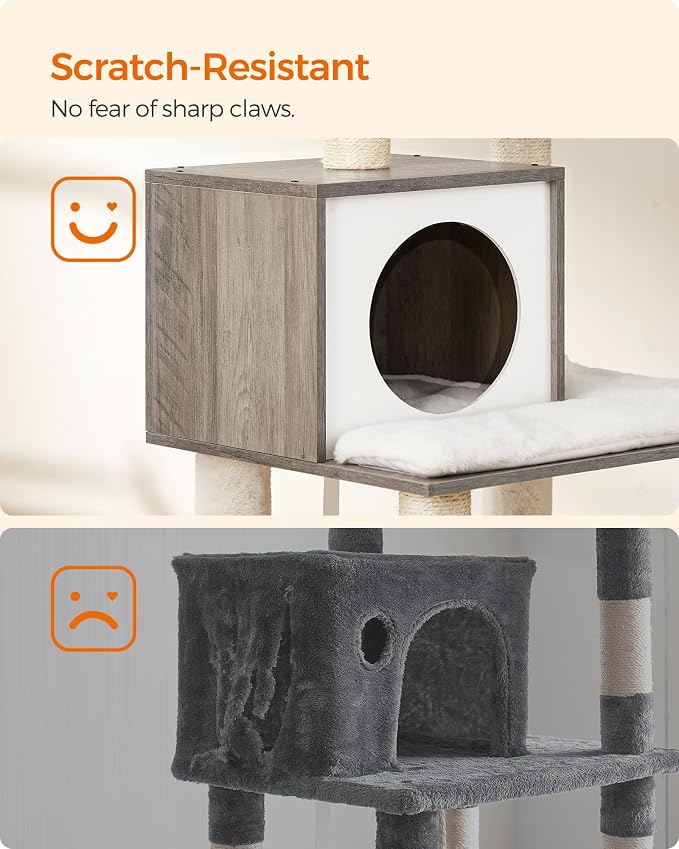 Feandrea Cat Tree, 56.3-Inch Modern Cat Tower, Multi-Level Plush Condo with Scratching Posts, Hammock, Washable Cushion, Heather Greige UPCT164G01 - Image 8