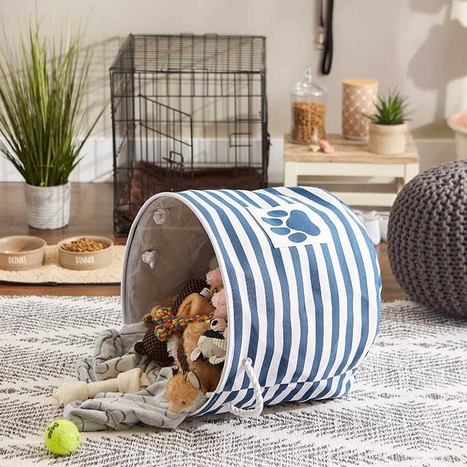 Bone Dry Pet Storage Collection Striped Paw Patch Bin, Large Round, Navy - Image 5