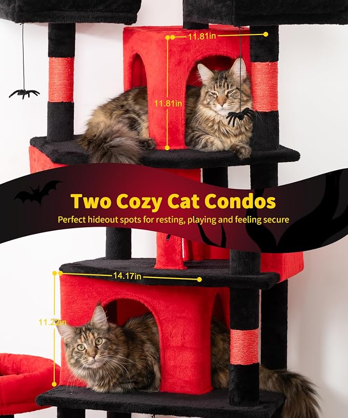 Gothic Cat Tree, 71 Inch Heavy Duty Cat Trees for Large Cats | Tall Cat Tree Tower with Extended Base, 2 Condos, 3 Perches, 9 Sisal Posts & Hammock for Indoor Adult Cats, Black Red - Image 4