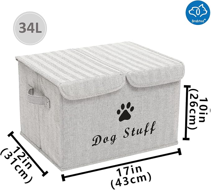 Large Dog Toys Storage Box Canvas Storage Basket Bin Organizer with Lid - Collapsible Linen Bin Ideal for Organizing Dog Cat Toys and pet Stuff-PP Boad-17" x 12" x 10" - Gray Stripe - Image 7