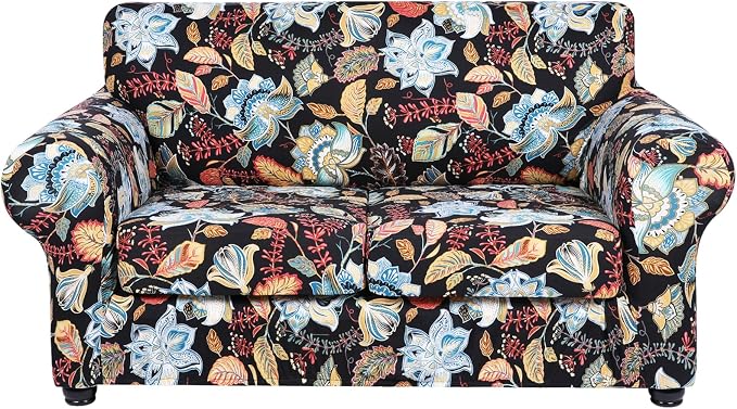 hyha Stretch Couch Cover, Sofa Covers for 2 Separate Cushion Couch Washable | Loveseat Cover, Floral Pattern, Printed, 3 Pieces, 2 Seater Furniture Protector with Elastic Bottom for Dogs, Pet Friendly by hyha