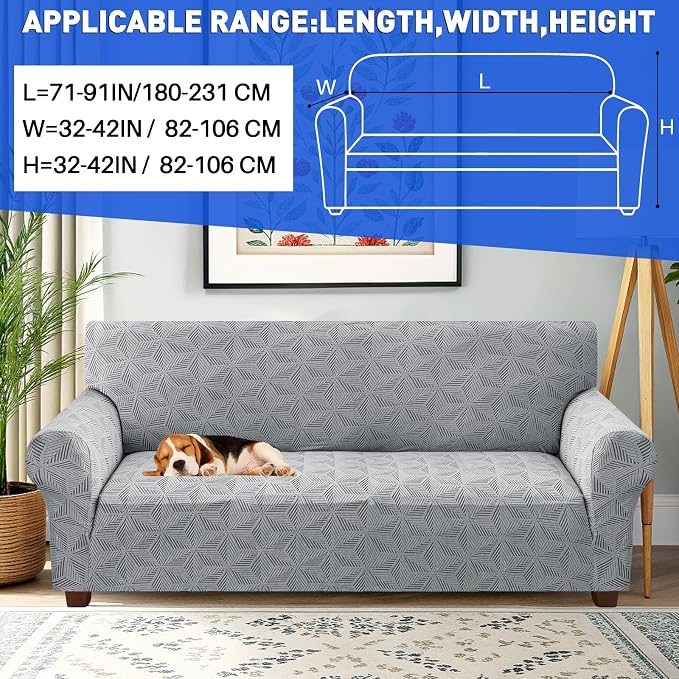 YEMYHOM 1 Piece Stretch Couch Covers for 3 Cushion Couch, Jacquard Sofa Cover with Non-Slip Elastic Bottom, Thickened Slipcover Furniture Protector for Dogs Pets (Large, Light Gray) - Image 2