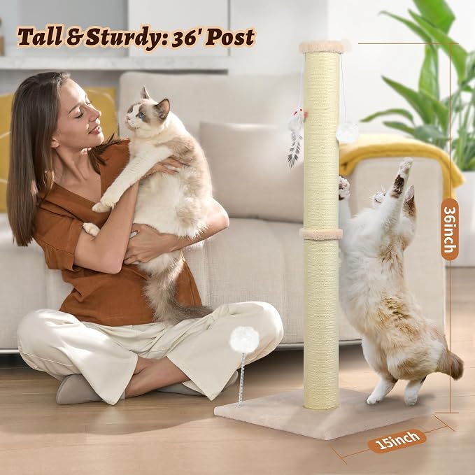 36 Inch Tall Cat Sisal Scratching Post for Indoor Cats, Beige | Natural Sisal, Sturdy Base, Interactive Toys, Full Stretch, For Kittens and Adult Cats - Image 6