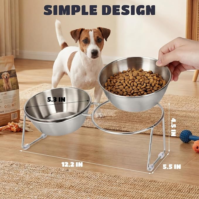 2 Set Elevated Cat Bowls 4.53'' Height Raised Stainless Steel Cat Food Bowls Anti-Slip 15° Tilted Stand Shallow Food and Water Dishes for Kitty and Small Puppy (Double Bowl) - Image 3