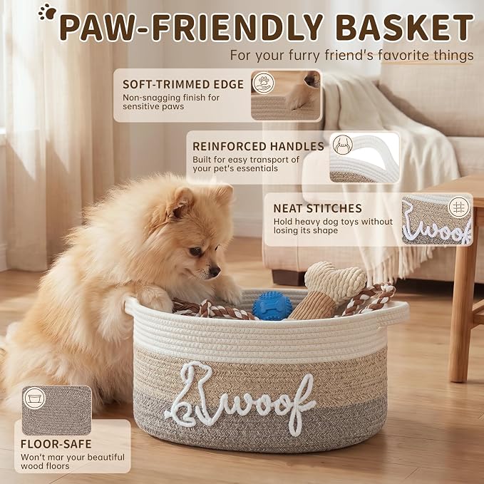 OIAHOMY 14L Large Dog Toy Basket, 16.1"x9.5"x7" Cotton Rope Basket with Cute Woof Embroidery, Soft Woven Pet Toy Box with Handles for Blankets, Leashes & Puppy Accessories, Decorative Organizer Brown - Image 4
