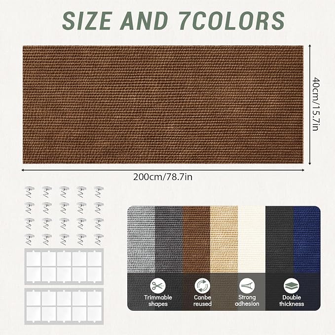 Cat Scratch Couch Furniture Protector, 78.7x15.8In Adhesive Scratch Pad | Heavy Duty, DIY Climbing Cat Carpet Mat, Couch Door Protector from Claws, Sofa Guard with Pins & Tape, Brown - Image 3
