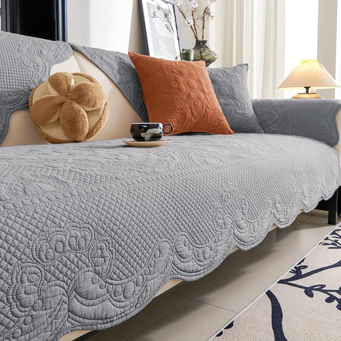 vctops Boho Cotton Quilted Couch Cover Soft Embroidered Sofa Cover Non-Slip Dog Bed Cover Scalloped Sofa Slipcover Washable Furniture Protector Cover (Light Grey,28"x59") by vctops