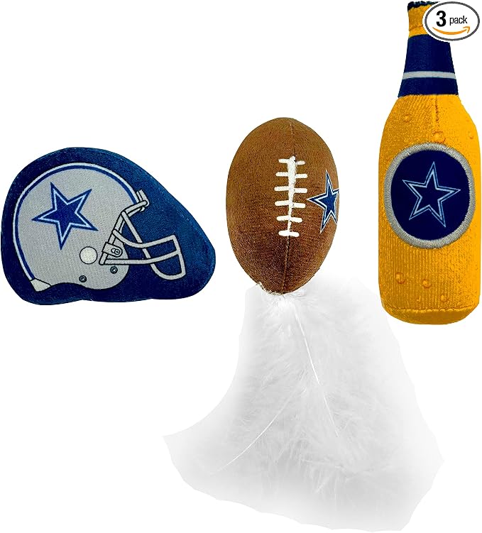 Best Plush CAT Toy - NFL Dallas Cowboys Complete Set of 3 piece Cat Toys Filled with Fresh Catnip. Includes: 1 Helmet Cat Toy, 1 Football Cat Toy with Feathers & 1 Beer Bottle. Beautiful Team Logos by PETSFIRST