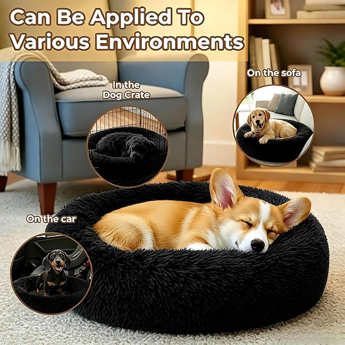 Calming Donut Dog and Cat Bed for Indoor Cats, Anti-Anxiety Round Fluffy Soft Washable Small Pet Bed for Puppy and Kitten, Warming Comfortable Luxury Anti-Slip Waterproof Mute Base 20in Black - Image 5