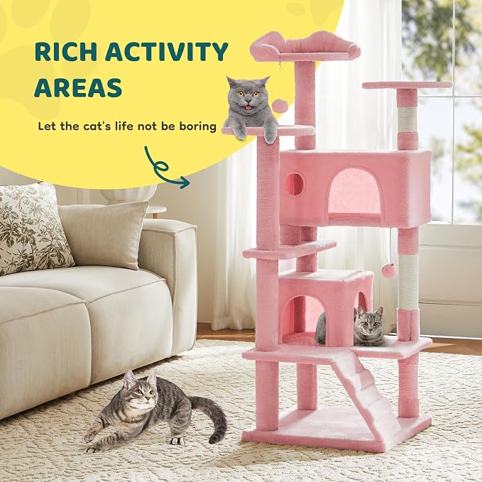 Sweetcrispy 54-inch Cat Tree Tower with Scratching Posts, Indoor Use | Multi Level Indoor Cat Tree Condo with Climbing Ladder, Plush Toy, Play House for Kitten, Pink - Image 7