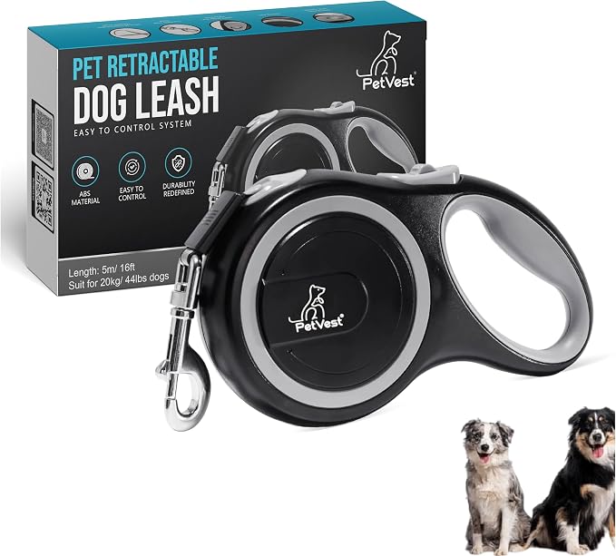 Retractable Dog Leash – Extendable up to 16 FT, Heavy Duty Nylon Tape, No-Tangle, One-Handed Brake & Lock, for Small to X-Large Dogs up to 44 lbs (Black) by PetVest