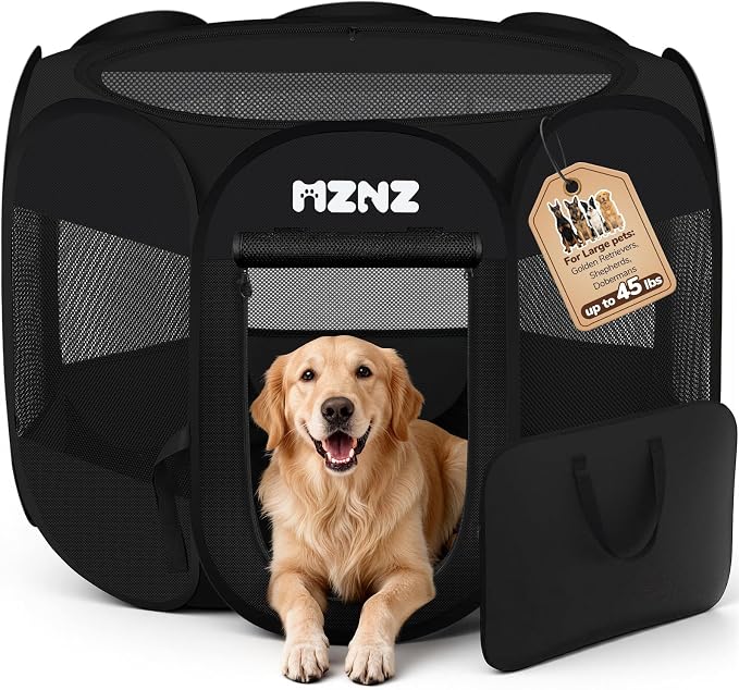 Dog Cat Small Animal Puppy Playpen Crate, Large, Whole Black | Portable Pop Up Pet Cage Enclosure Tent Kennel Indoor Outdoor with Carrying Case, No Assembly, Camping Use by MZNZ