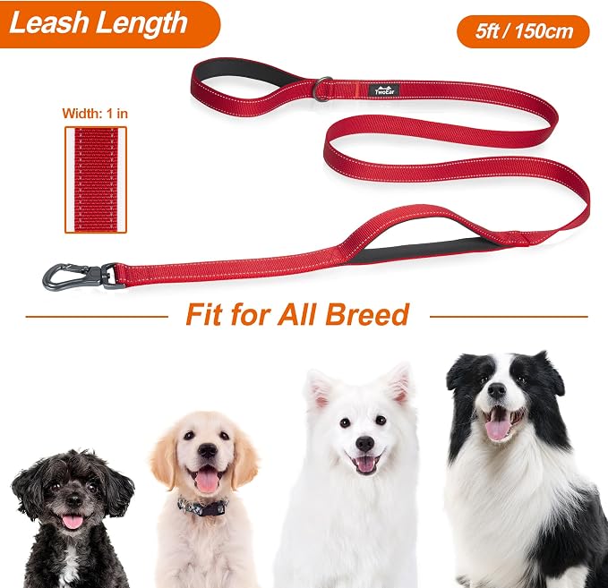 Twoear 5FT 1IN Heavy Duty Dog Leash for Large Dogs with 2 Padded Handles | Traffic Handle Extra Control, Auto Lock Hook, Strong Reflective Walking Leash for Night Safety, Medium and Large Breeds,Red - Image 6