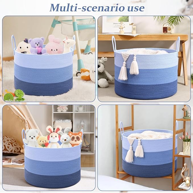 67L Large Woven Blanket Basket, Cotton Rope Baby Laundry Hamper with Handles, Kids Toy Basket for Classroom & Nursery, Soft Round Stuffed Animal Storage, Dog Toy Bin - 20"x13", Blue - Image 7