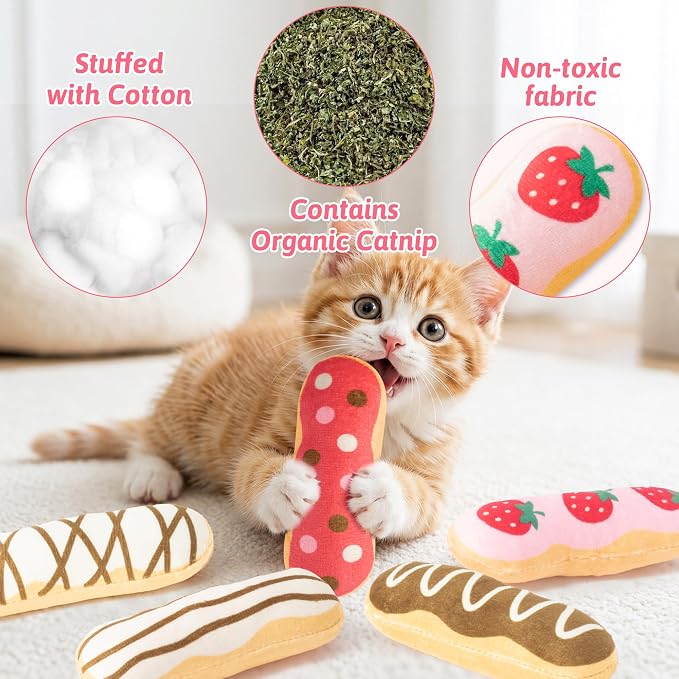 MALLMALL6 Eclair Catnip Toys for Cat - 5Pcs Chocolate Strawberry Dessert Catmint Interactive Toy Gift for Indoor Kitty, Biting Chew Kick Cats Supplies, Soft French Pastry Pet Present for Kitten Lover - Image 3