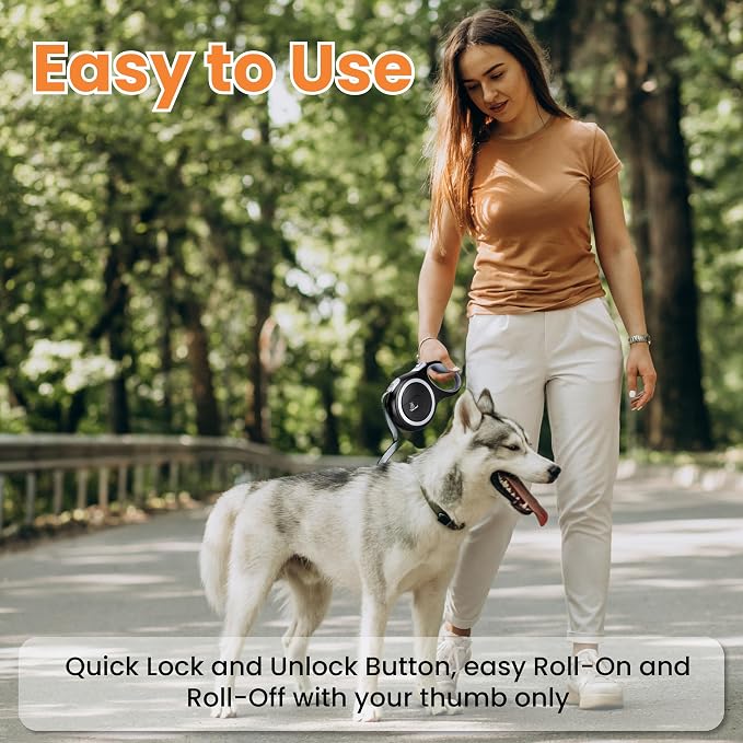 Retractable Dog Leash – Extendable up to 16 FT, Heavy Duty Nylon Tape, No-Tangle, One-Handed Brake & Lock, for Small to X-Large Dogs up to 44 lbs (Black) - Image 5