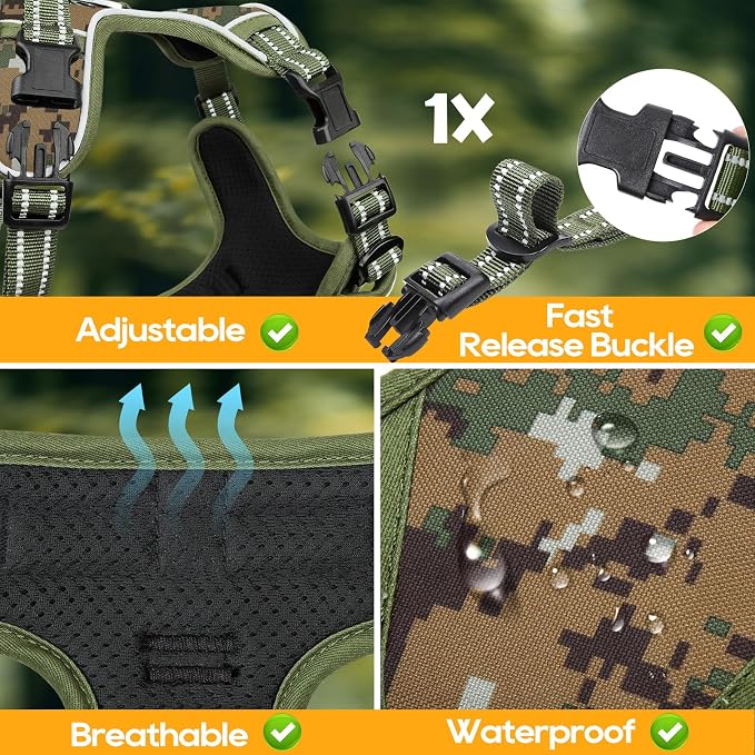 Timos Small Dog Harness, No Pull No Choke, Easy On & Off, Military Green, S | Adjustable Reflective Soft Padded, Neck Quick Release with 3 Buckles, Front & Back 2 Clips and Handle for Walking Training - Image 7