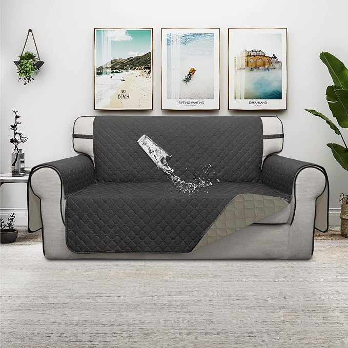 ISSUNTEX Double Protection 100% Waterproof Loveseat Sofa Covers for Living Room, Couch Covers for 2 Cushion Couch Sofa, Reversible Furniture Protector Sofa Cover for Dogs (Loveseat, Dark Gray/Beige) - Image 2