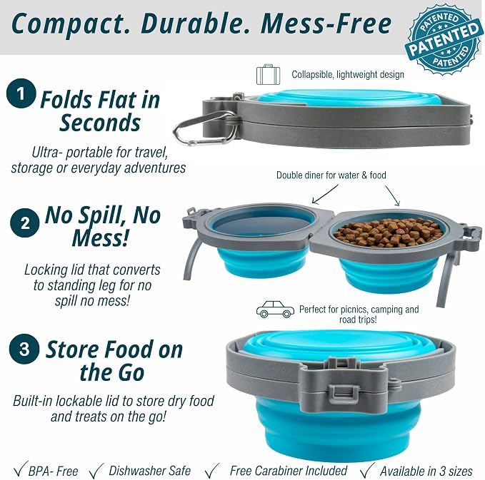 Loving Pets Bella Roma Double Diner Collapsible Dog Bowls - Silicone Dog Bowls, Foldable Bowl, Puppy Essentials & Hiking Pet Supplies Great for Home & Travel (Blue, Small) - Image 2