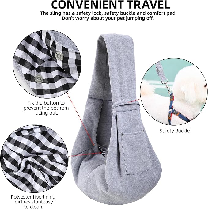 Dog and Cats Carrier Sling, Puppy Small Pet Carrier with Storage Pocket | Reversible Dog Sling Carrier, Safety buckle, Storage Pocket, Machine Washable for Travel, Outdoor Activities, Hand-Free, Gray - Image 4