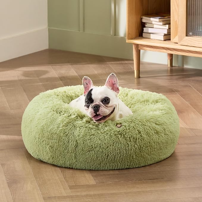 Bedsure Calming Small Dog Bed Donut Washable Cat＆Puppy Bed,23 inches Green | Fluffy Faux Fur Round Cuddler,Machine Washable,Anti-Slip Bottom,Anti-Anxiety,Deep Sleeping for Large Cat & Pets Up to 25 Lbs - Image 7