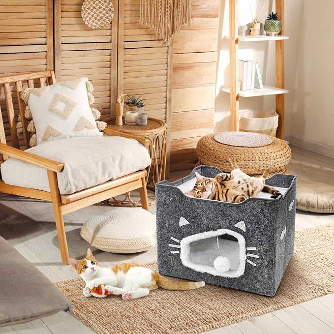 Cat House for Indoor Cats with Cushion Pad and Fluffy Ball | Large Foldable Covered Cat Bed, Cute Cat Cave Cat Condo Hideaway for Pet Cats, Multi Small Pet, Grey - Image 7