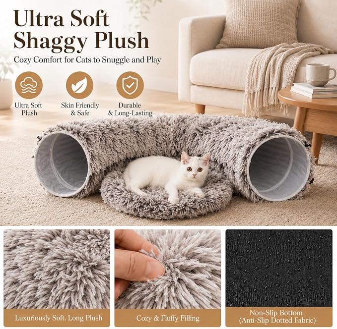 Warm Fluffy Plush Cat Tunnel Bed Under Christmas Tree Big Tube Playground Toys 3 FT Diameter Longer Crinkle Collapsible 3 Way, for Indoor Cat Kitty Kitten Puppy Rabbit Ferret Brown - Image 3