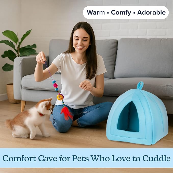 PETMAKER Cat House Indoor Bed with Removable Foam Cushion, Blue | Plush Cat Tent Bed for Small Kittens, Rabbits, Guinea Pigs, and Other Small Animals, Comfortable Cozy Pet Hideaway - Image 4