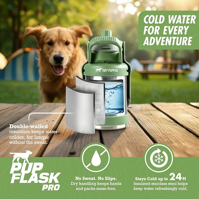 PupFlask Pro Portable Insulated Dog Water Bottle, Stainless Steel Bowl | 30 or 50 oz Leak-Proof Thermos Dispenser Keeps Water Cold 24+ Hours, Built-In Flip Cup for Walking, Hiking and Travel - Image 4