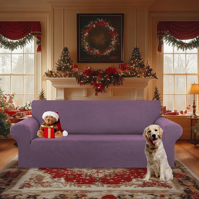 KEKUOU Stretch Oversized Couch Covers for Sofa Slipcover,Dark Purple | 1-Piece Washable Sofa Cover (94"-110") 4-Seater Furniture Protector, Soft Jacquard Non-Slip Elastic Bottom for Dogs & Kids - Image 2