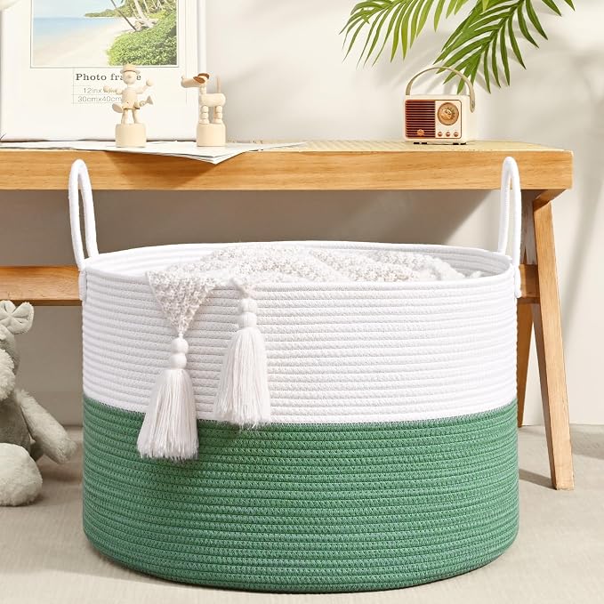 67L Large Woven Blanket Basket, Cotton Rope Baby Laundry Hamper with Handles, Kids Toy Basket for Classroom & Nursery, Soft Round Stuffed Animal Storage, Dog Toy Bin - 20"x13", Green - Image 2