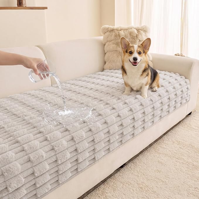 MYSKY HOME Couch Cover for Dogs, Plush Soft Sofa Cover Washable, Fuzzy Couch Covers for 3 Cushion Sofa Pet Friendly, Waterproof Non-Slip Sofa Slipcover Furniture Protector, Oatmeal, 35" x 71" by MYSKYHOME