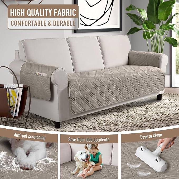 TAOCOCO Waterproof Couch Covers for Dogs, Non Slip Pet Sofa Cover, 3 Seater | Washable Couch Seat Covers with Arms for 3 Cushion Couch, Dog Couch Cover Protector, Pockets & Backless Design, Light Brown - Image 5